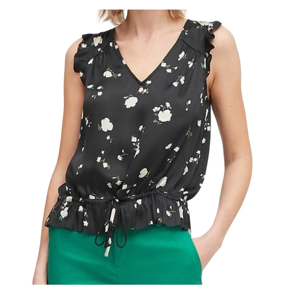 Banana Republic Womens Black Floral Cinched Waist Ruffle Top Size S NWT